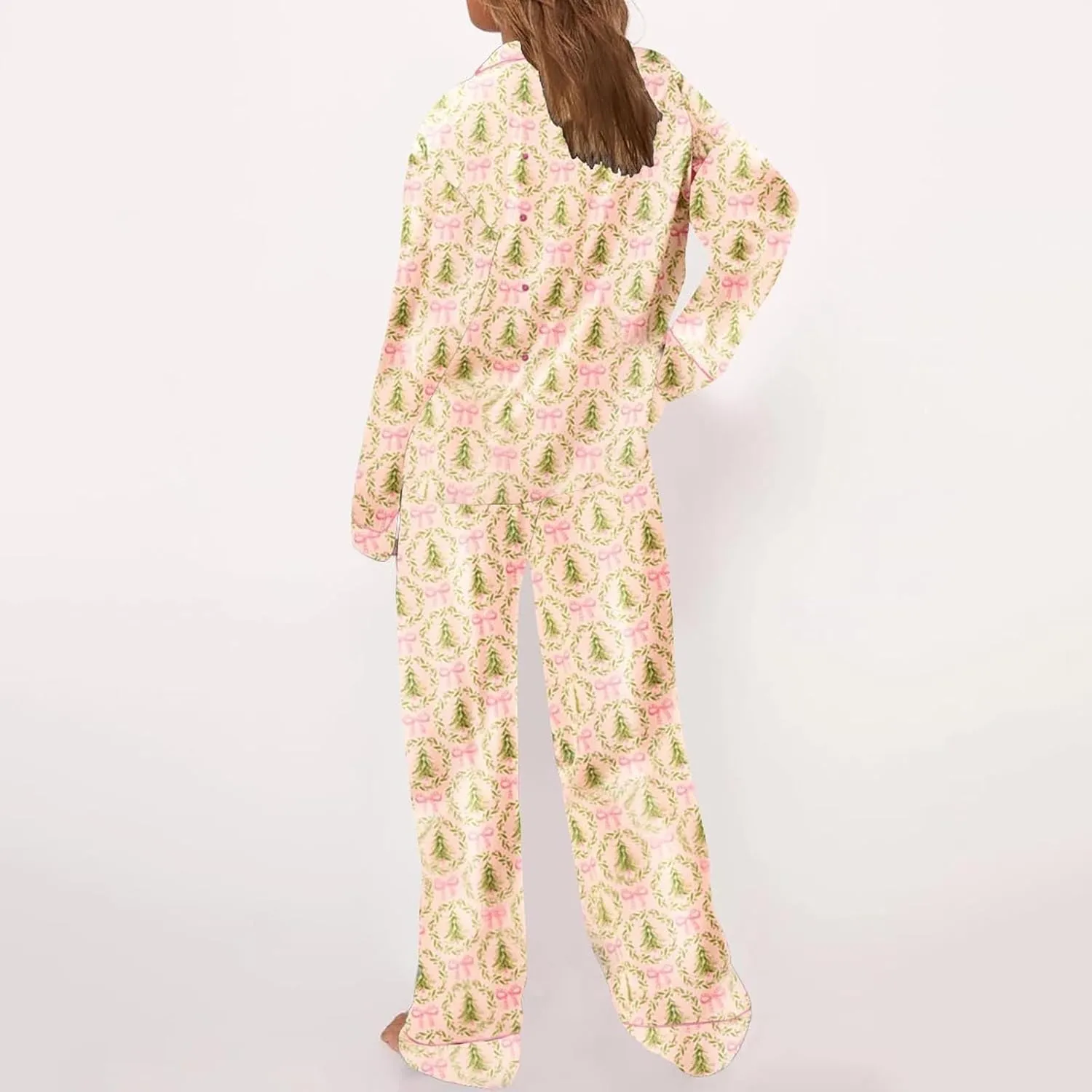 Miyaomn 2 Piece Silk Satin Pj Sets for Women Ugly Christmas Pajamas Button-Down Long Sleeve Sleepwear Loungewear with Pockets