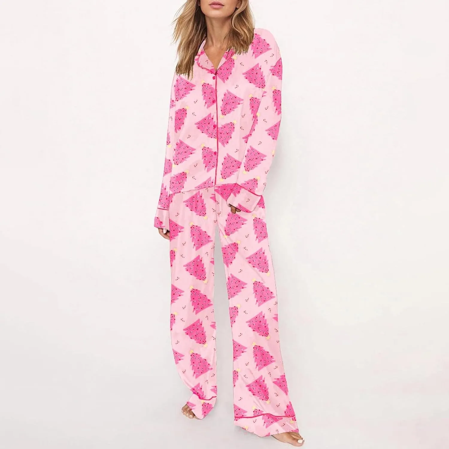 Miyaomn 2 Piece Silk Satin Pj Sets for Women Ugly Christmas Pajamas Button-Down Long Sleeve Sleepwear Loungewear with Pockets