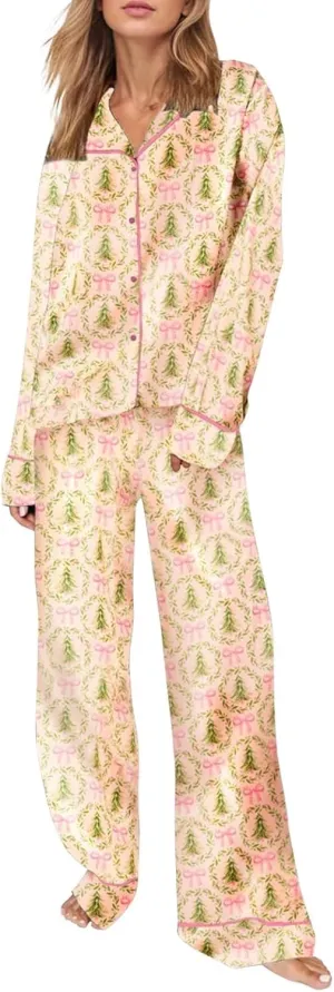 Miyaomn 2 Piece Silk Satin Pj Sets for Women Ugly Christmas Pajamas Button-Down Long Sleeve Sleepwear Loungewear with Pockets