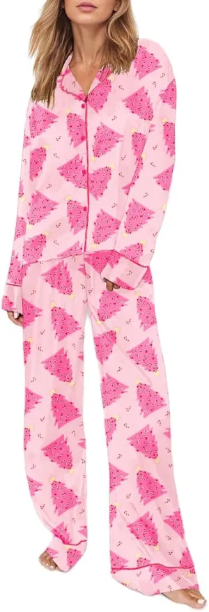 Miyaomn 2 Piece Silk Satin Pj Sets for Women Ugly Christmas Pajamas Button-Down Long Sleeve Sleepwear Loungewear with Pockets