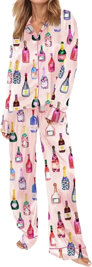 Miyaomn 2 Piece Silk Satin Pj Sets for Women Ugly Christmas Pajamas Button-Down Long Sleeve Sleepwear Loungewear with Pockets