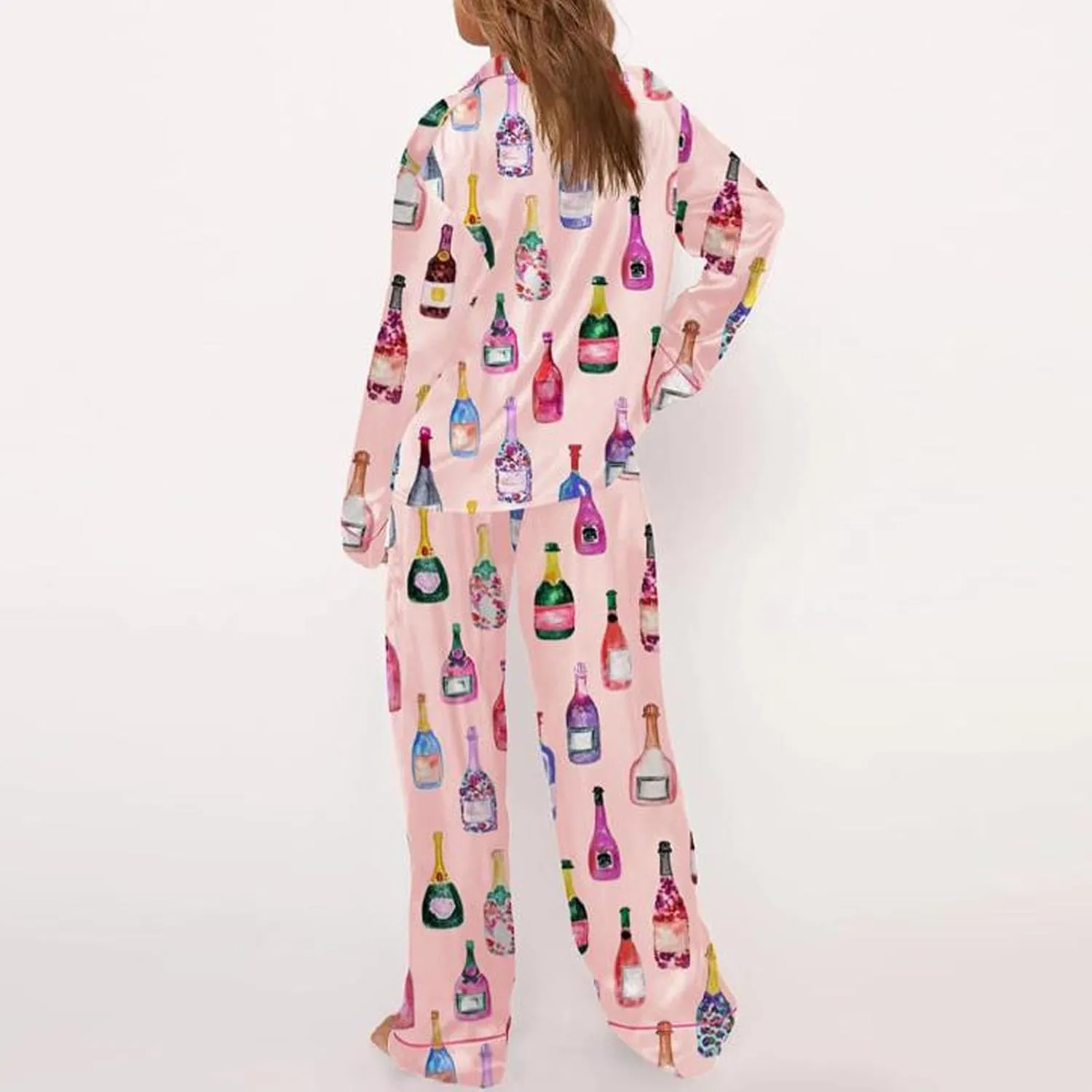 Miyaomn 2 Piece Silk Satin Pj Sets for Women Ugly Christmas Pajamas Button-Down Long Sleeve Sleepwear Loungewear with Pockets