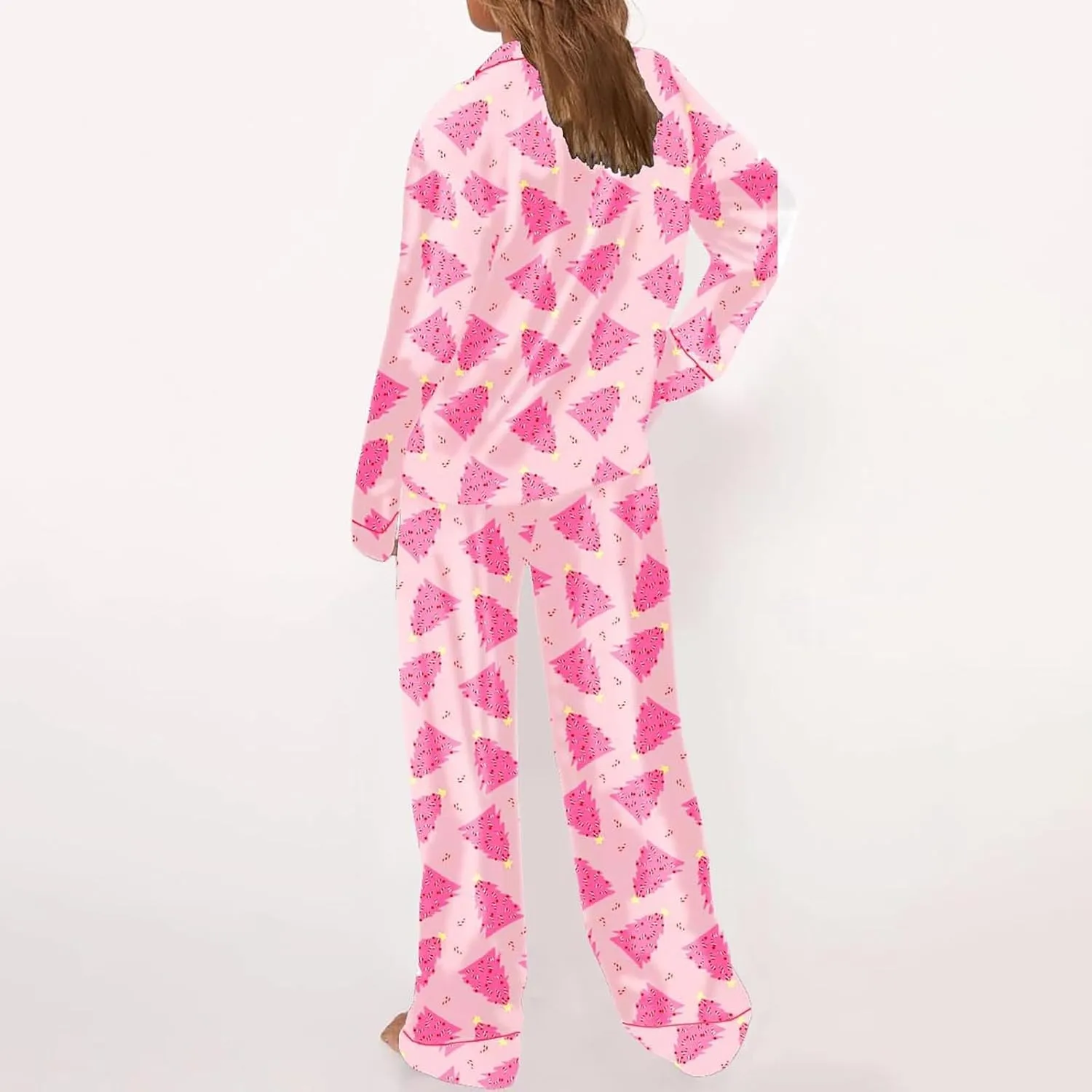 Miyaomn 2 Piece Silk Satin Pj Sets for Women Ugly Christmas Pajamas Button-Down Long Sleeve Sleepwear Loungewear with Pockets