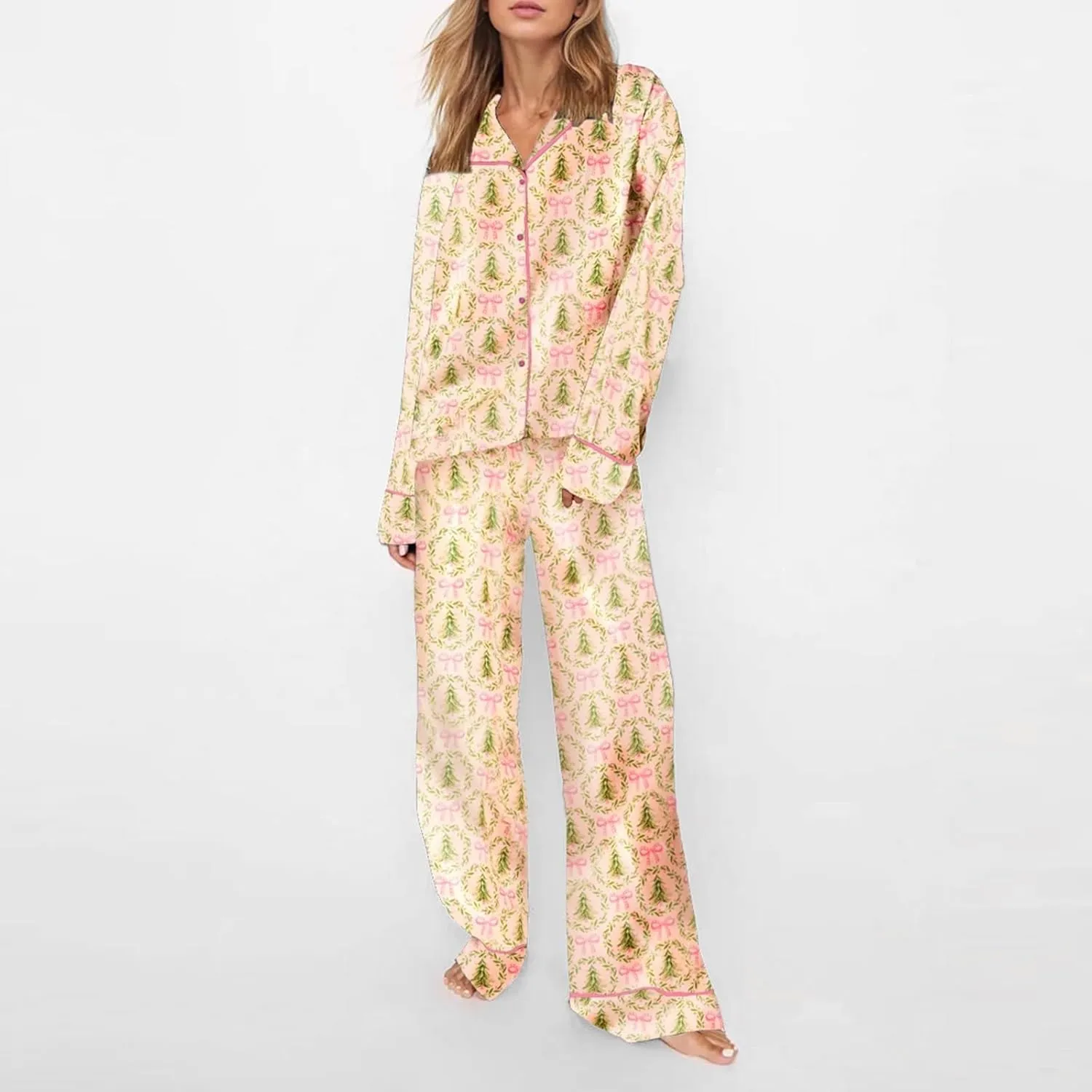Miyaomn 2 Piece Silk Satin Pj Sets for Women Ugly Christmas Pajamas Button-Down Long Sleeve Sleepwear Loungewear with Pockets