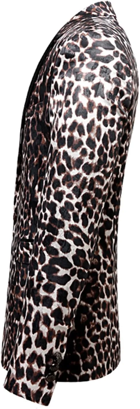 MOGU Mens Slim Fit Notched Lapel Stylish Blazer Leopard Printed Sports Coat
