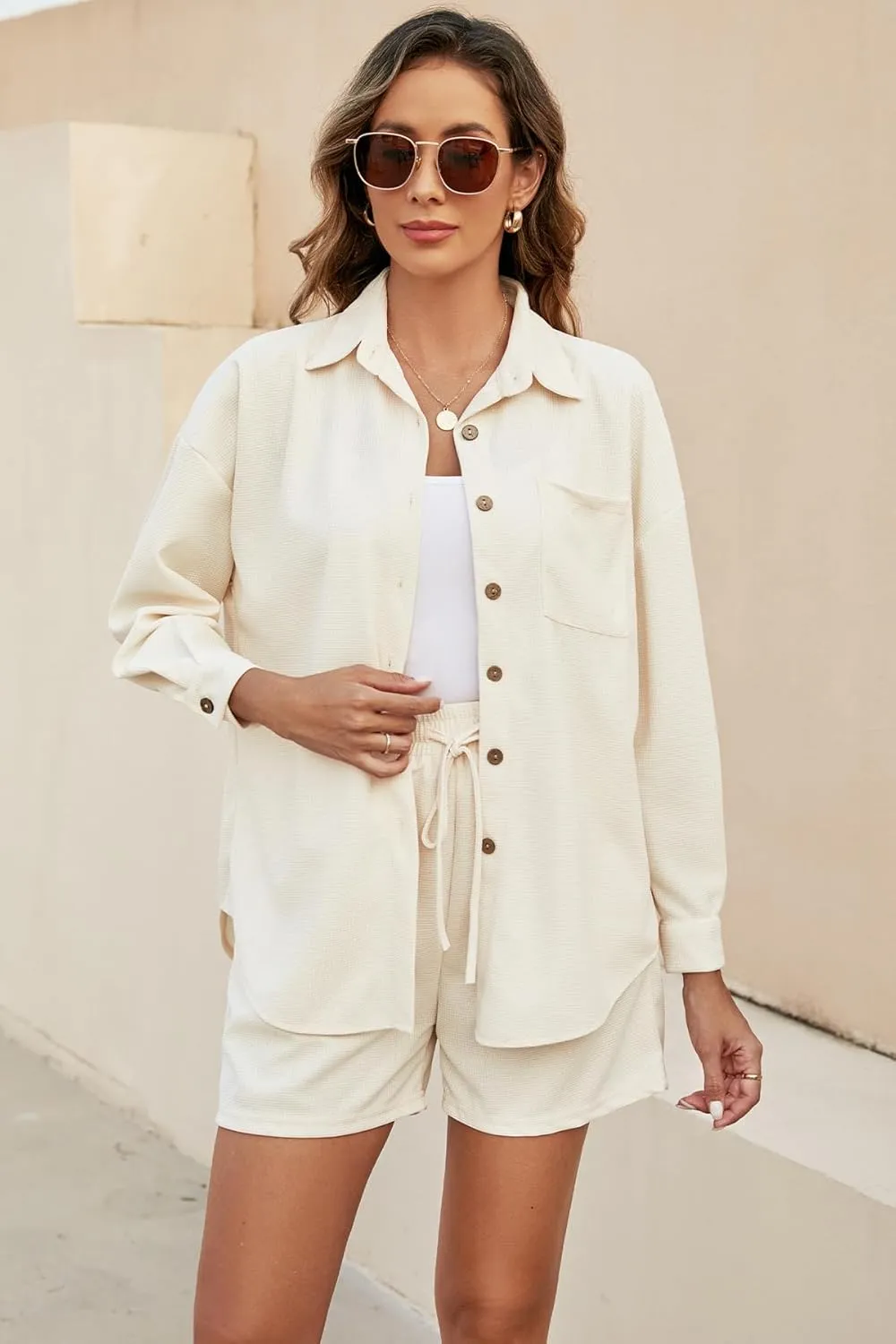 Moreone Two Piece Outfits for Women Lounge Sets Waffle Knit Pajama Set Long Sleeve Shacket and Casual Shorts with Pockets
