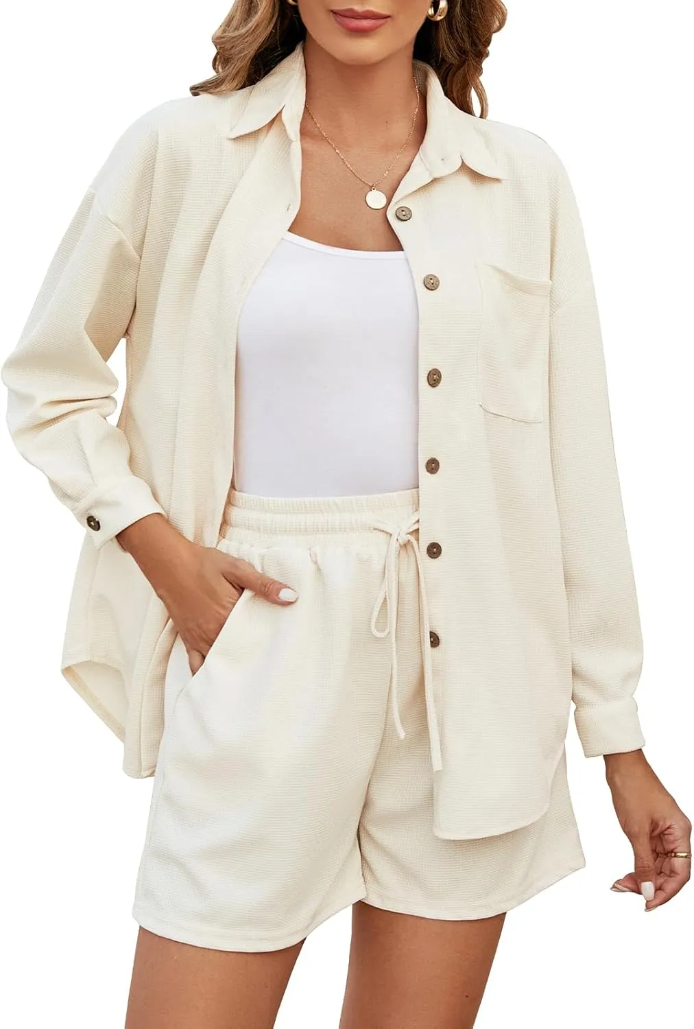 Moreone Two Piece Outfits for Women Lounge Sets Waffle Knit Pajama Set Long Sleeve Shacket and Casual Shorts with Pockets