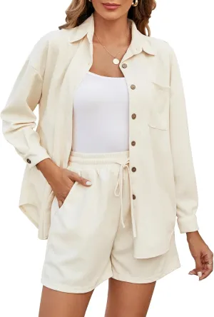 Moreone Two Piece Outfits for Women Lounge Sets Waffle Knit Pajama Set Long Sleeve Shacket and Casual Shorts with Pockets