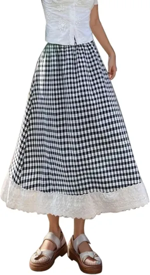 Mori Plaid Preppy Lace Skirt Summer Women's Retro Casual Mid Length Skirt Lace Patchwork A Line Skirt Flannel