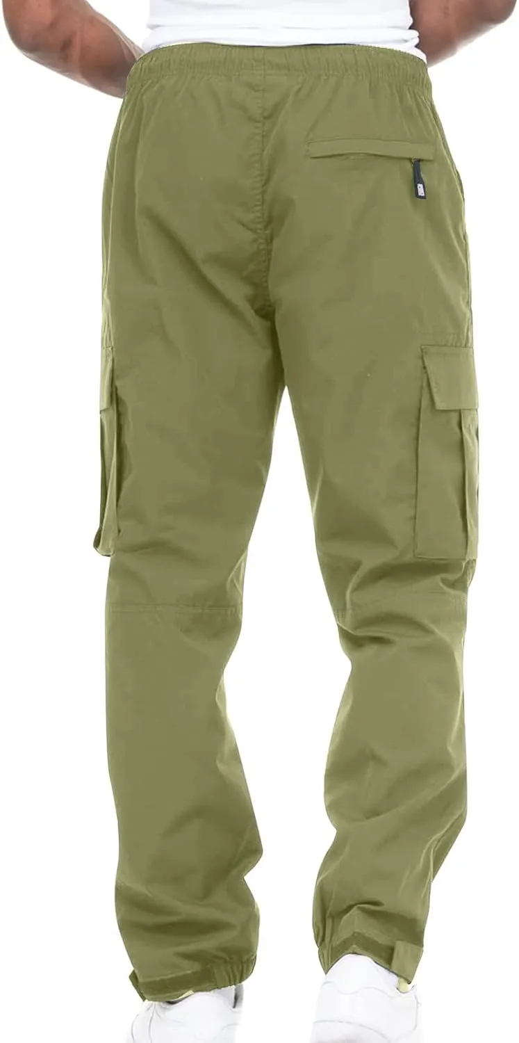 Muscularfit Cotton Pants for Men 2024 Fall Fashion Stretch Waist Multi Pockets Cargo Pants Causal Solid Athletic Sweatpants