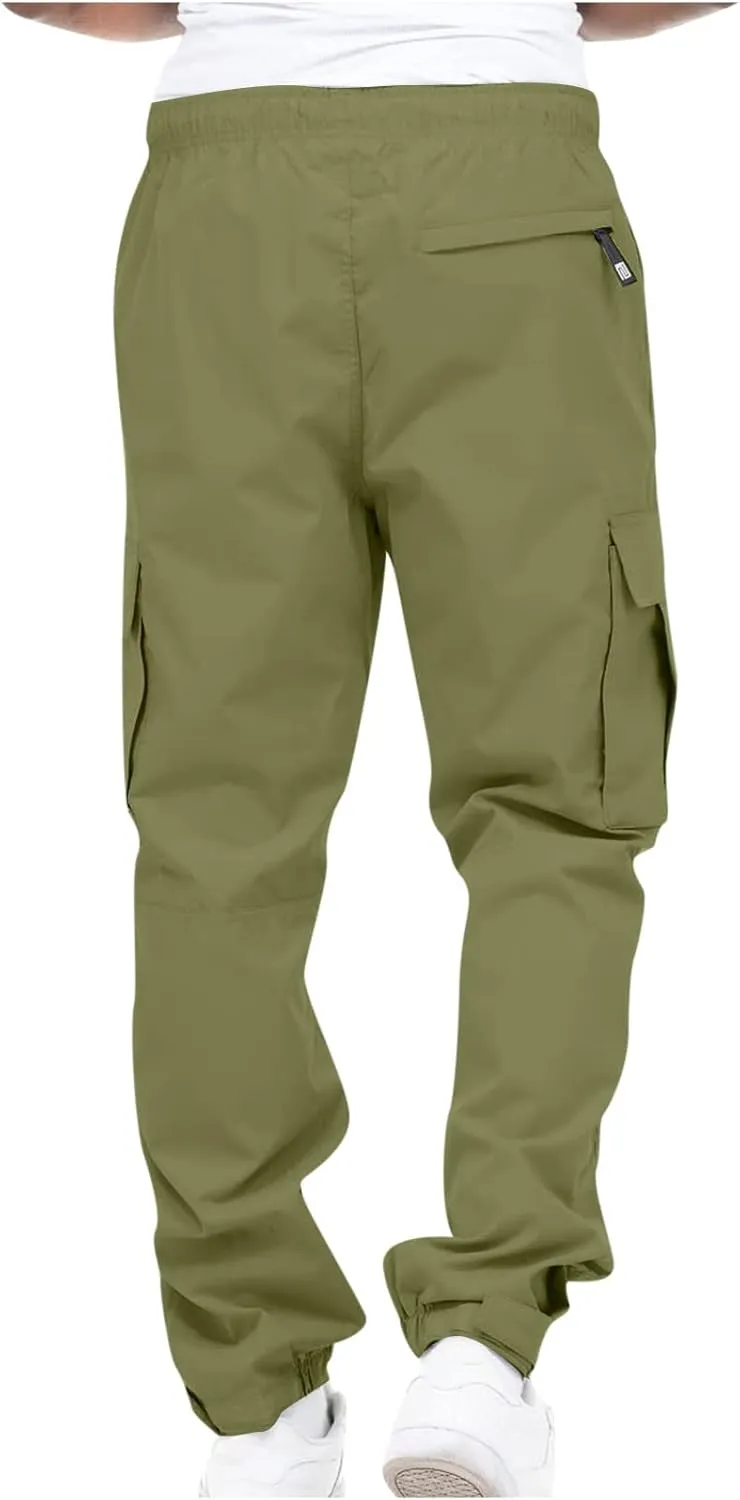 Muscularfit Cotton Pants for Men 2024 Fall Fashion Stretch Waist Multi Pockets Cargo Pants Causal Solid Athletic Sweatpants