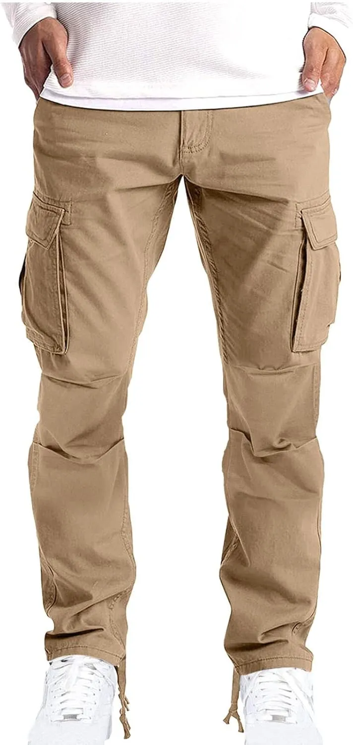 Muscularfit Men's Cargo Pants Cotton Stretch Waist Multi Pockets Straight Sweatpants Outdoor Fashion Solid Tooling Trousers