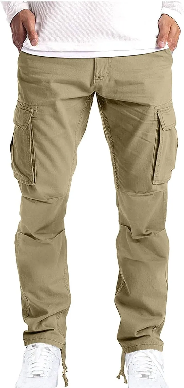 Muscularfit Men's Cargo Pants Cotton Stretch Waist Multi Pockets Straight Sweatpants Outdoor Fashion Solid Tooling Trousers