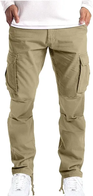 Muscularfit Men's Cargo Pants Cotton Stretch Waist Multi Pockets Straight Sweatpants Outdoor Fashion Solid Tooling Trousers