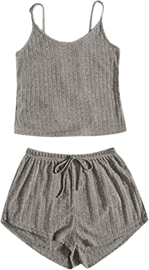 Mzkdieey Women Ribbed Knit Pajama Sets Cami Crop Top and Shorts Sleepwear 2 Piece Lounge Sets Cute PJ Set Loungewear