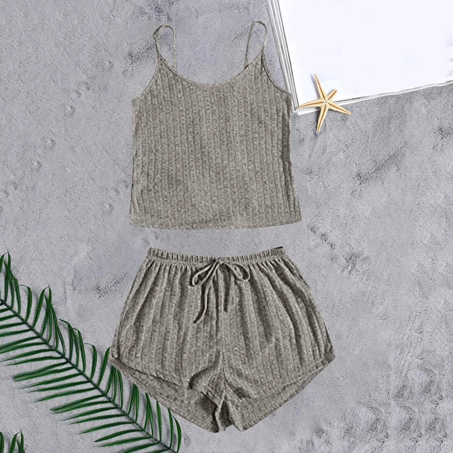 Mzkdieey Women Ribbed Knit Pajama Sets Cami Crop Top and Shorts Sleepwear 2 Piece Lounge Sets Cute PJ Set Loungewear