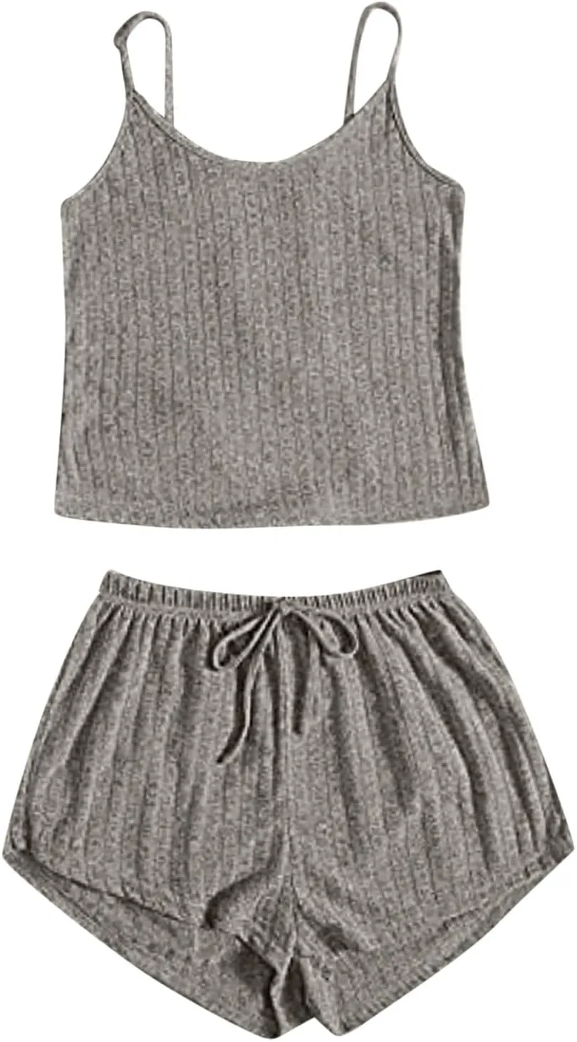 Mzkdieey Women Ribbed Knit Pajama Sets Cami Crop Top and Shorts Sleepwear 2 Piece Lounge Sets Cute PJ Set Loungewear