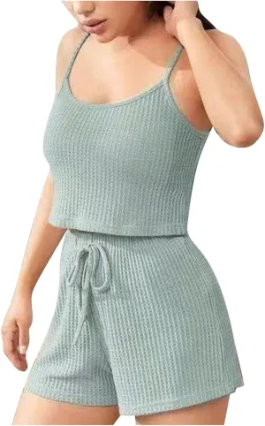 Mzkdieey Women Sexy 2 Piece Pajama Set Ribbed Knit Lounge Set Cami Crop Top and Shorts Sleepwear PJ Soft Loungewear