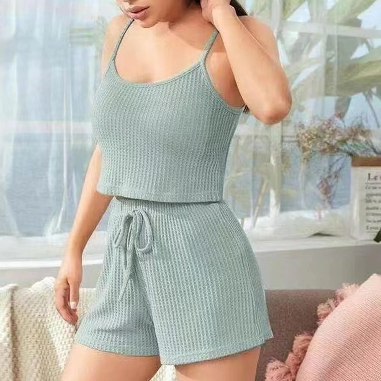 Mzkdieey Women Sexy 2 Piece Pajama Set Ribbed Knit Lounge Set Cami Crop Top and Shorts Sleepwear PJ Soft Loungewear