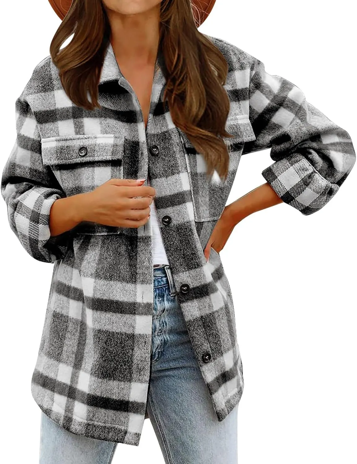 Mzkdieey Women's Casual Plaid Shacket Wool Blend Loose Button Down Long Sleeve Shirt Flannel Lapel Pocketed Fall Jacket