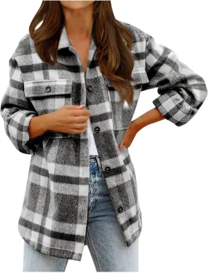 Mzkdieey Women's Casual Plaid Shacket Wool Blend Loose Button Down Long Sleeve Shirt Flannel Lapel Pocketed Fall Jacket
