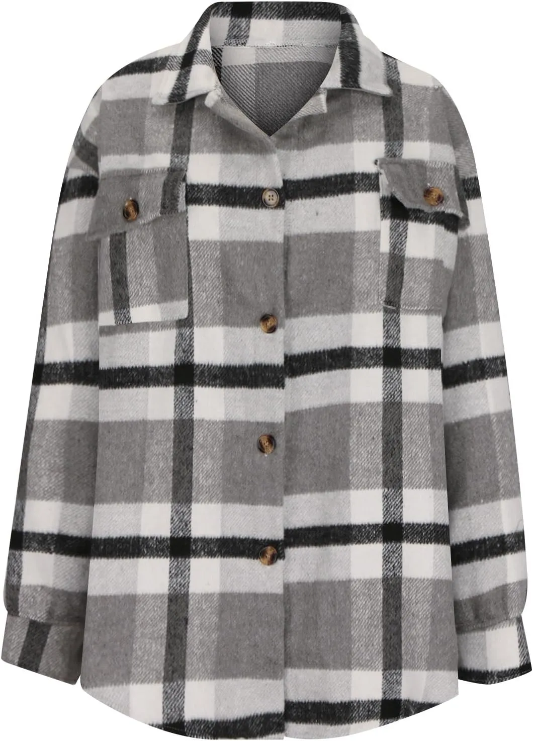 Mzkdieey Women's Casual Plaid Shacket Wool Blend Loose Button Down Long Sleeve Shirt Flannel Lapel Pocketed Fall Jacket