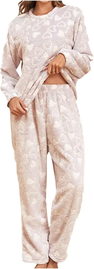 Mzkdieey Women's Fuzzy Fleece Pajamas Set Soft Warm Flannel Sleepwear Cute Heart Print Long Sleeve 2 Piece PJ Set Loungewear