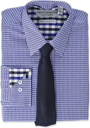 Nick Graham mens Stretch Modern Fit Gingham Dress Shirt and Solid Tie Set