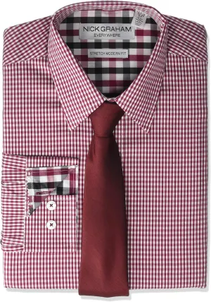 Nick Graham mens Stretch Modern Fit Gingham Dress Shirt and Solid Tie Set