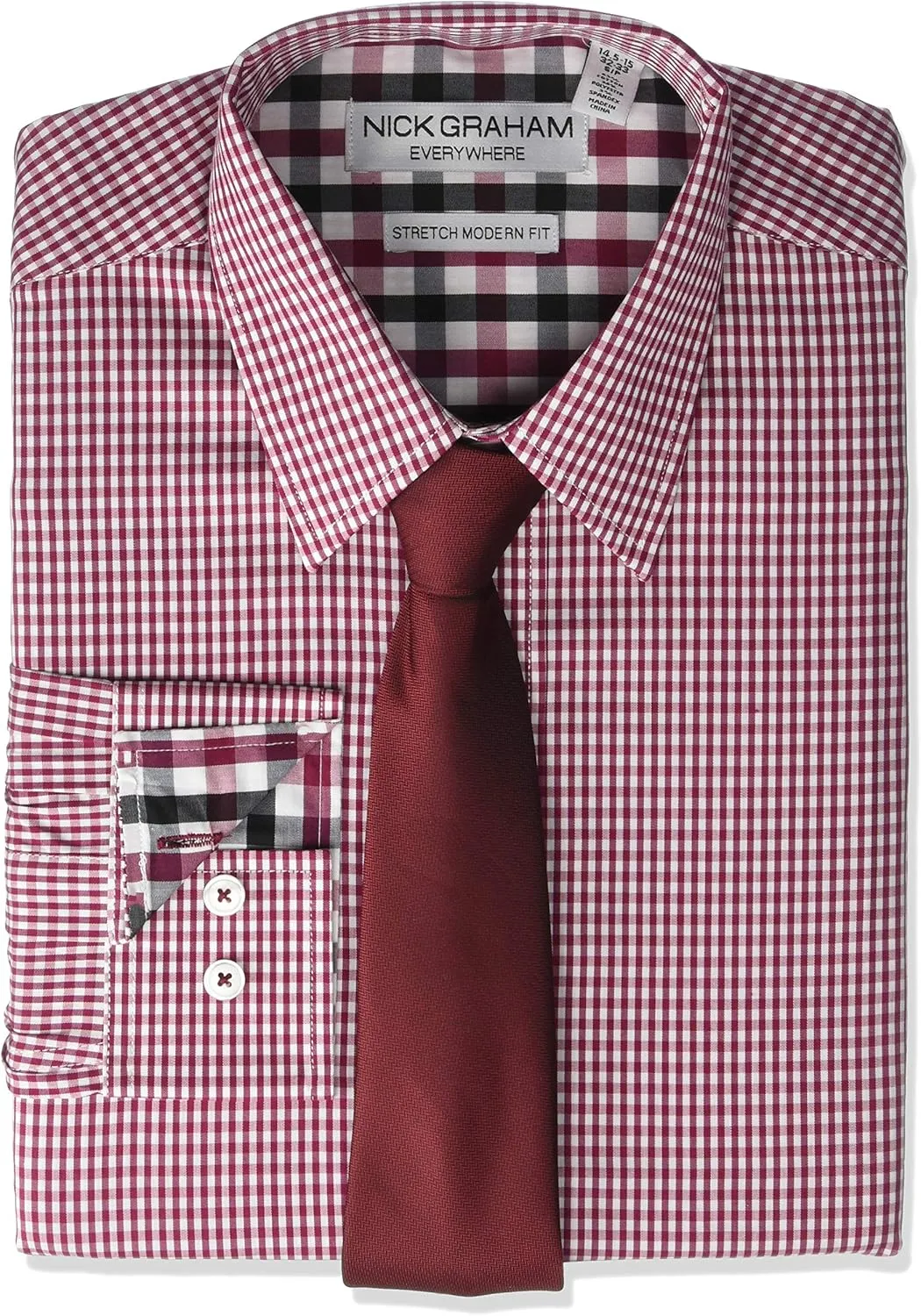 Nick Graham mens Stretch Modern Fit Gingham Dress Shirt and Solid Tie Set