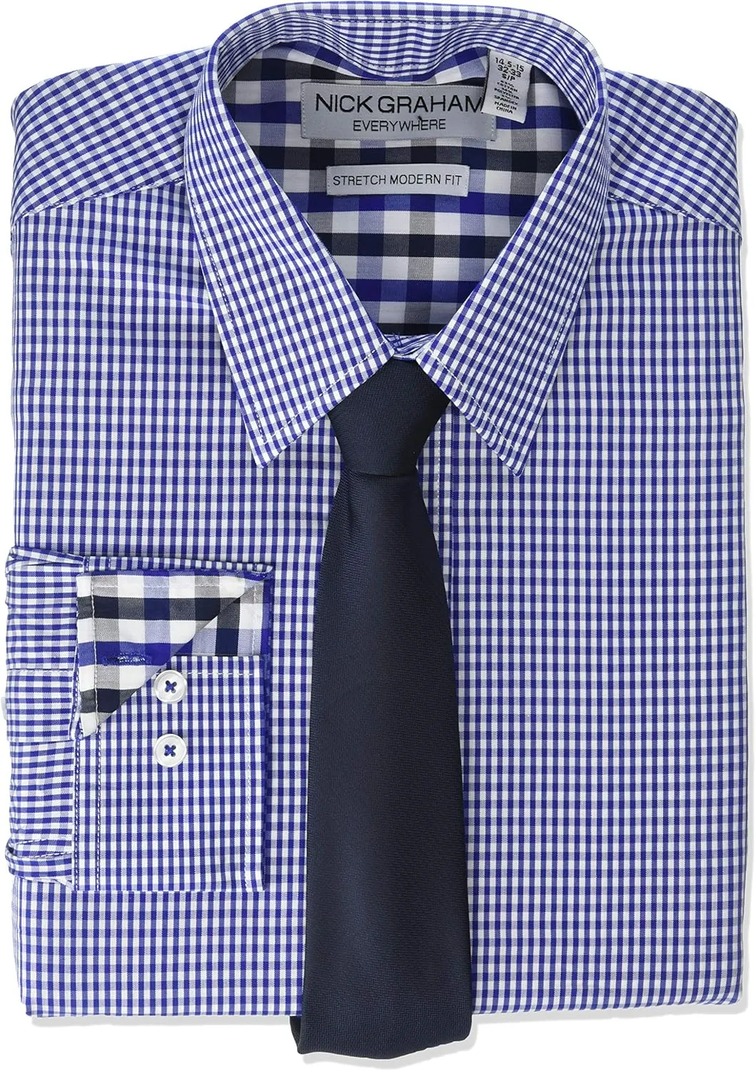 Nick Graham mens Stretch Modern Fit Gingham Dress Shirt and Solid Tie Set