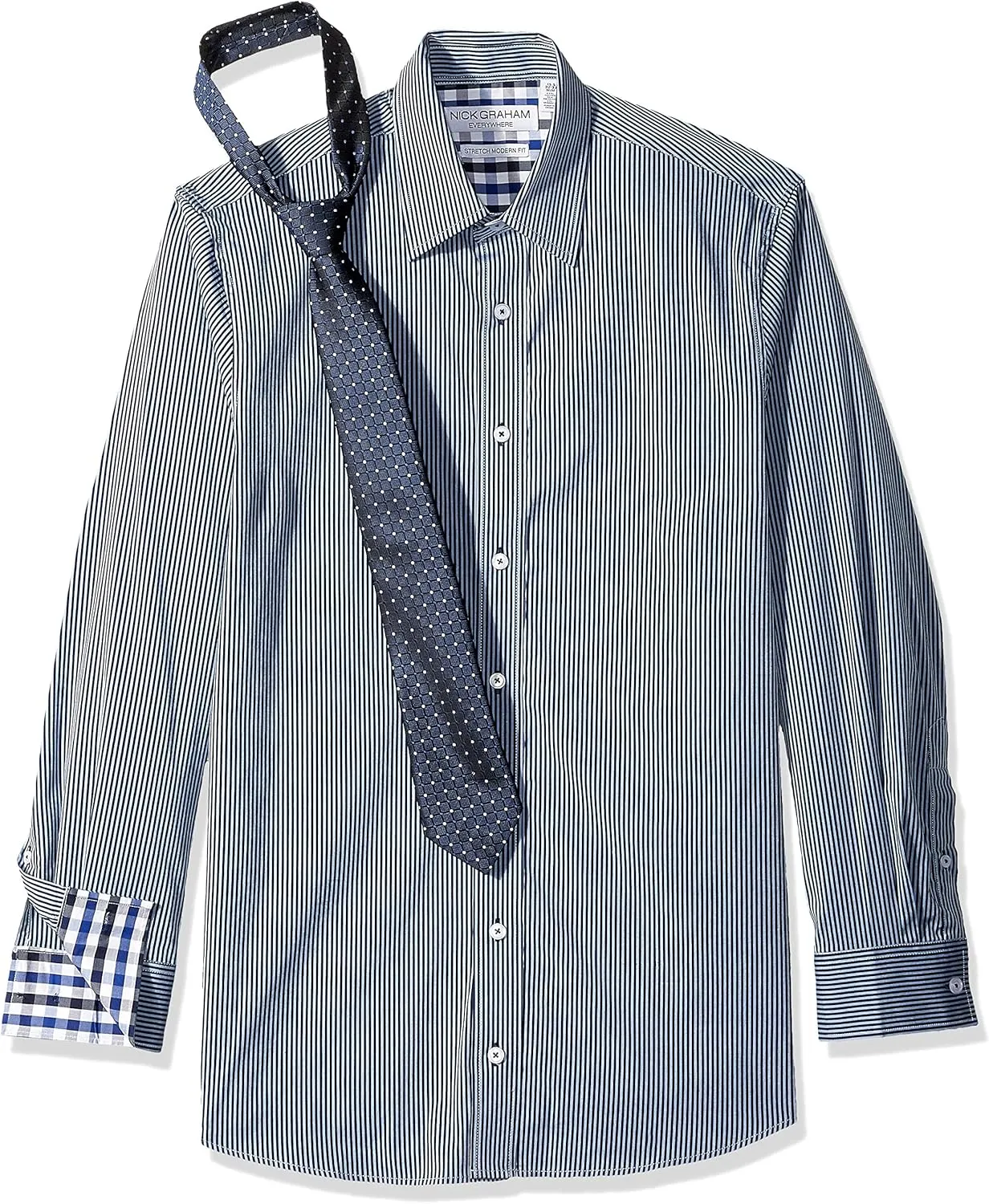 Nick Graham Men's Stretch Modern Fit Stripe Dress Shirt and Dot Grid Tie Set