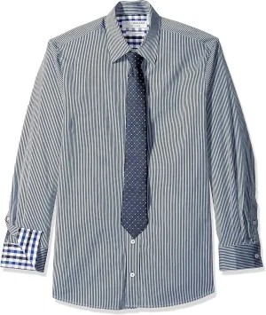 Nick Graham Men's Stretch Modern Fit Stripe Dress Shirt and Dot Grid Tie Set