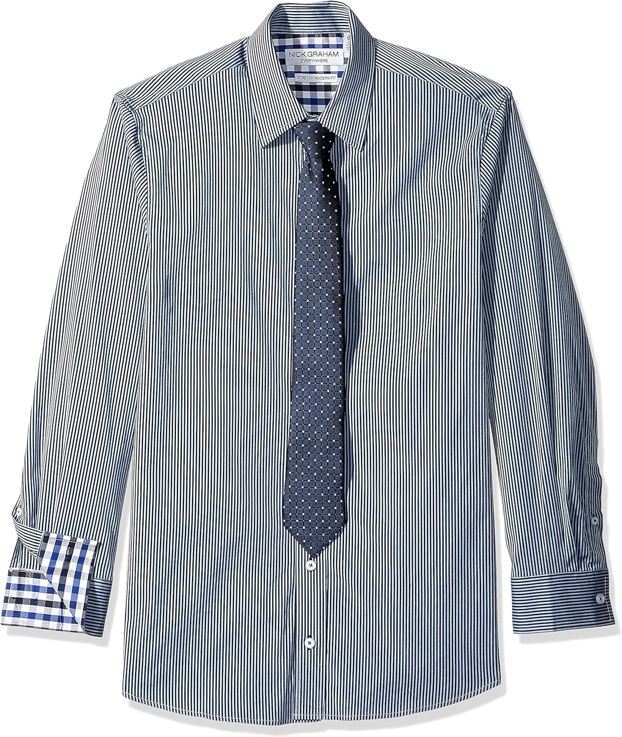 Nick Graham Men's Stretch Modern Fit Stripe Dress Shirt and Dot Grid Tie Set