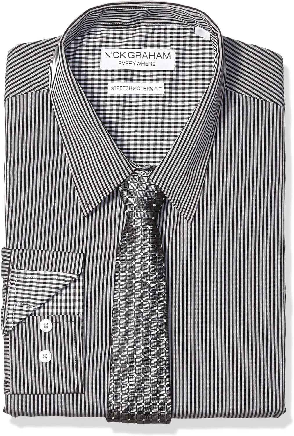 Nick Graham Men's Stretch Modern Fit Stripe Dress Shirt and Dot Grid Tie Set