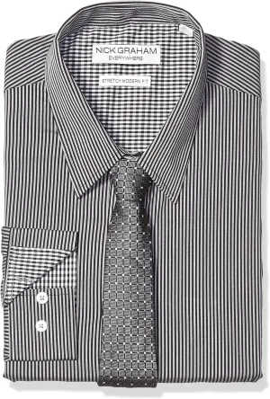 Nick Graham Men's Stretch Modern Fit Stripe Dress Shirt and Dot Grid Tie Set