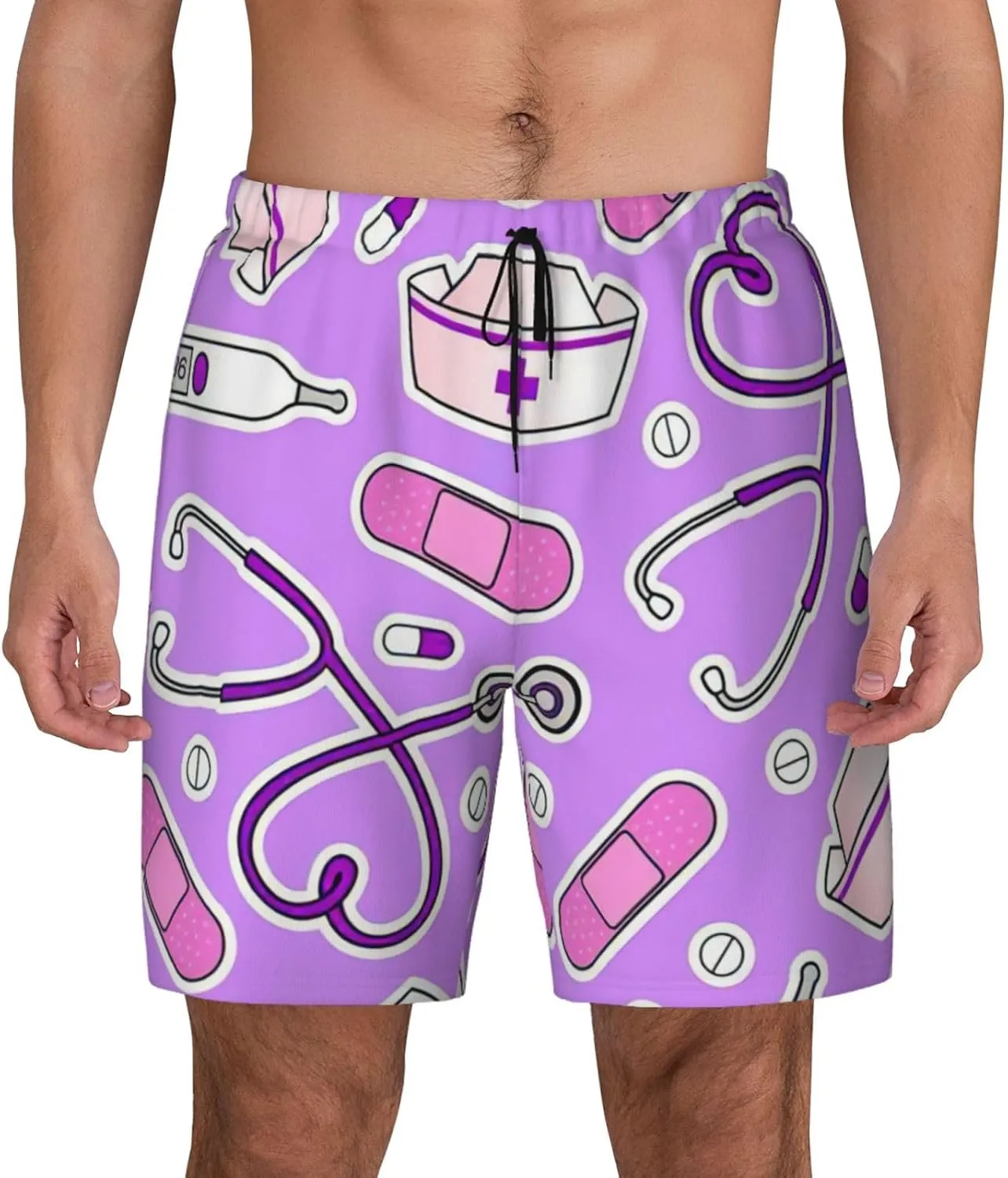 Nurse Pattern Purple Print Mens Swim Trunks Quick Dry Board Shorts Mesh Lining, Breathable Beach Surf Shorts