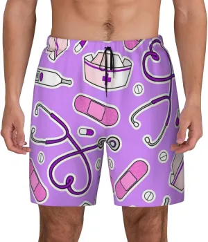 Nurse Pattern Purple Print Mens Swim Trunks Quick Dry Board Shorts Mesh Lining, Breathable Beach Surf Shorts