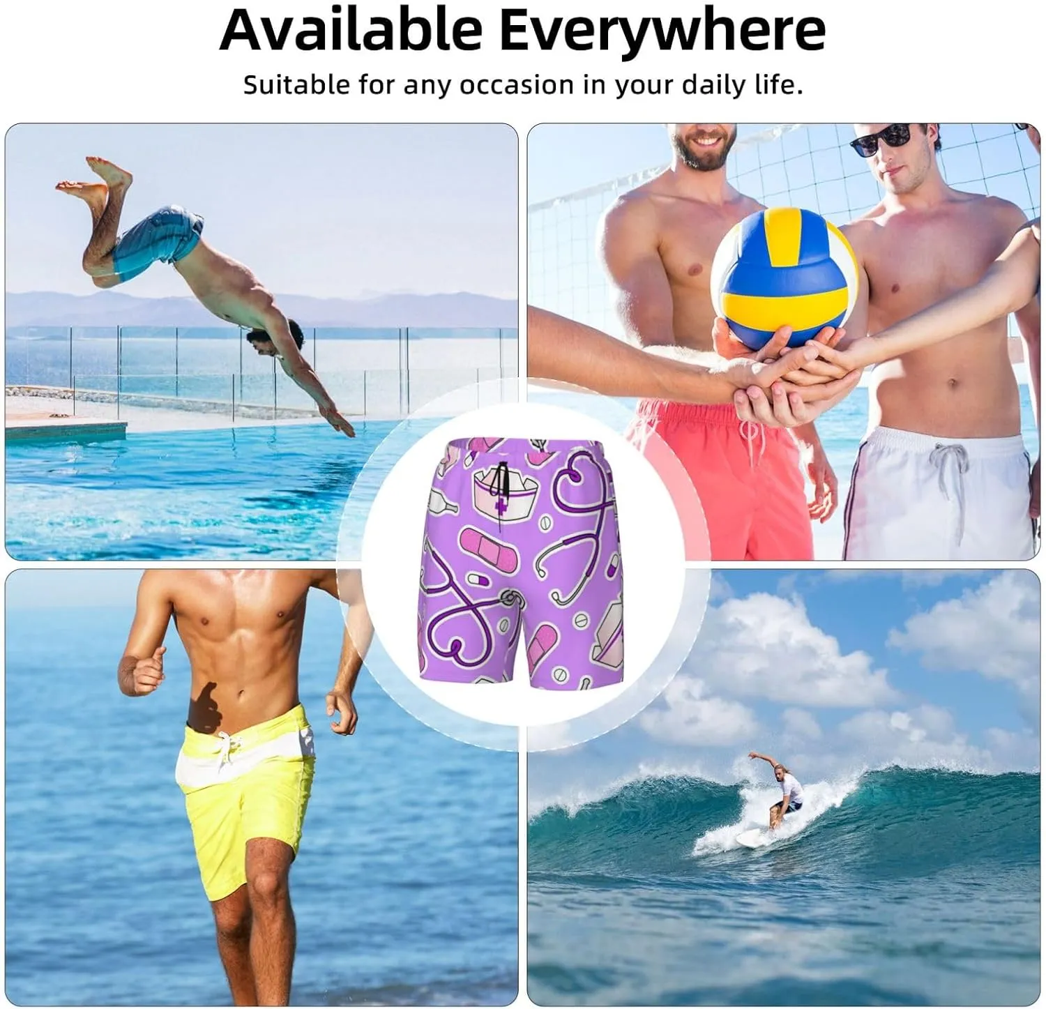 Nurse Pattern Purple Print Mens Swim Trunks Quick Dry Board Shorts Mesh Lining, Breathable Beach Surf Shorts