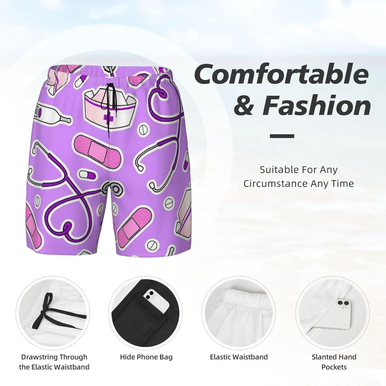 Nurse Pattern Purple Print Mens Swim Trunks Quick Dry Board Shorts Mesh Lining, Breathable Beach Surf Shorts