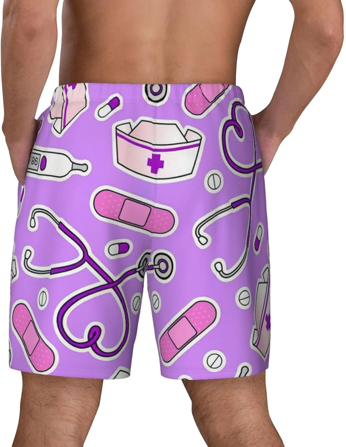 Nurse Pattern Purple Print Mens Swim Trunks Quick Dry Board Shorts Mesh Lining, Breathable Beach Surf Shorts