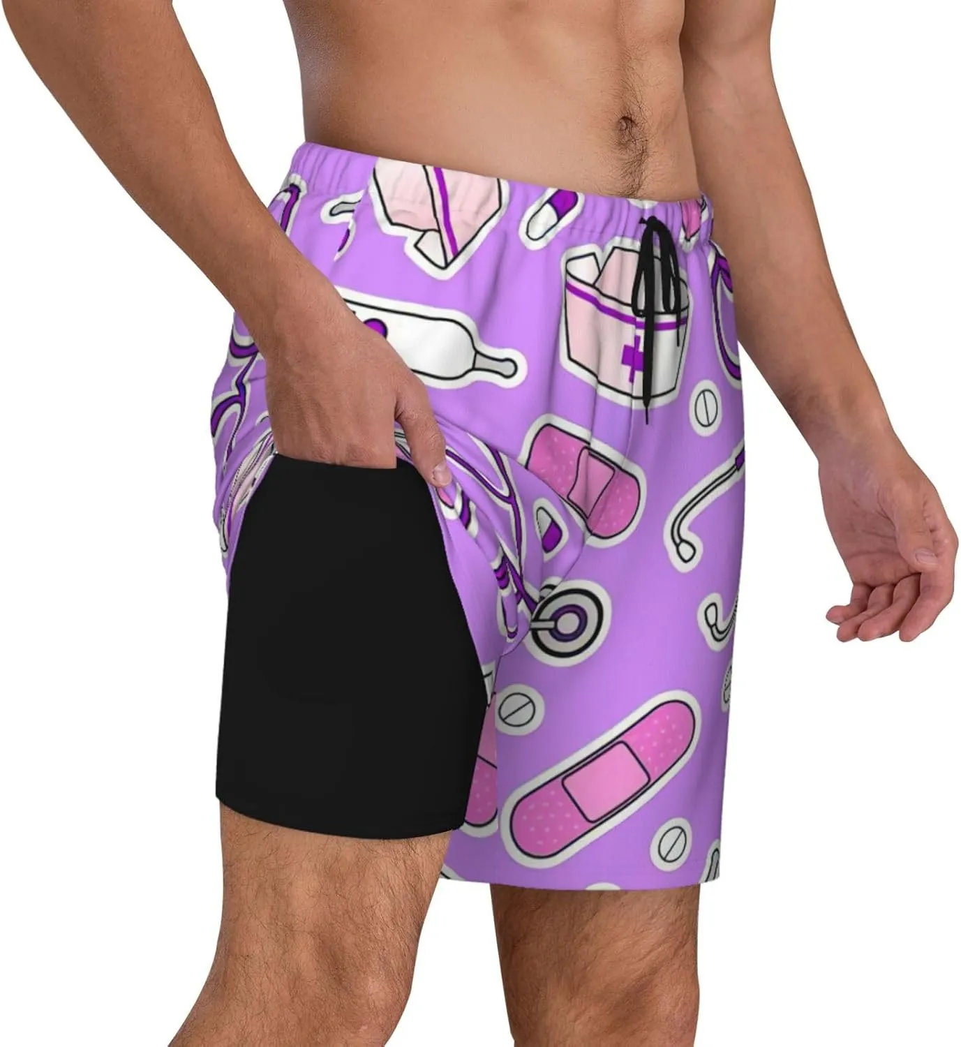 Nurse Pattern Purple Print Mens Swim Trunks Quick Dry Board Shorts Mesh Lining, Breathable Beach Surf Shorts