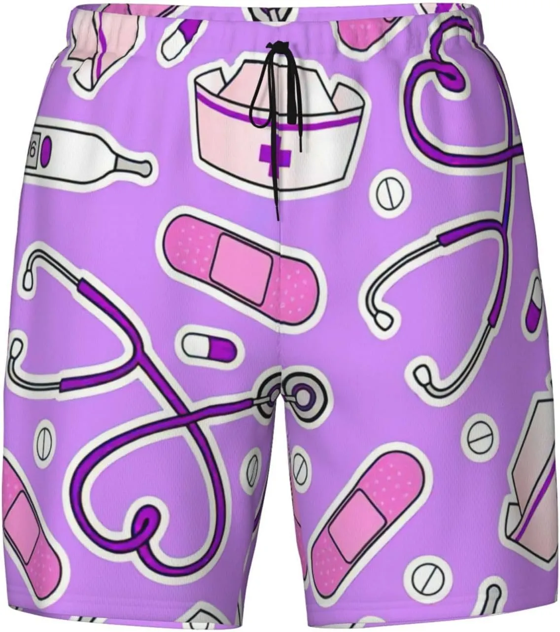 Nurse Pattern Purple Print Mens Swim Trunks Quick Dry Board Shorts Mesh Lining, Breathable Beach Surf Shorts