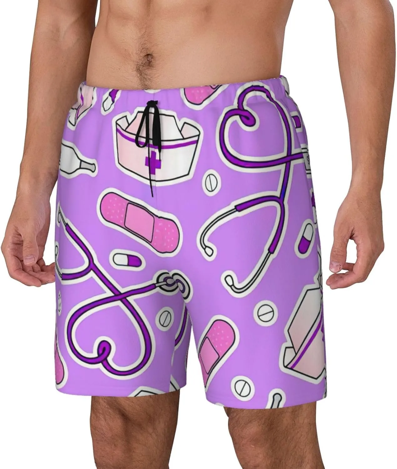 Nurse Pattern Purple Print Mens Swim Trunks Quick Dry Board Shorts Mesh Lining, Breathable Beach Surf Shorts