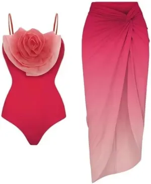One Piece Swimsuit Women,2024 Summer Retro Print Tummy Control Bathing Suit with Beach Cover Up Wrap Skirt Sarong