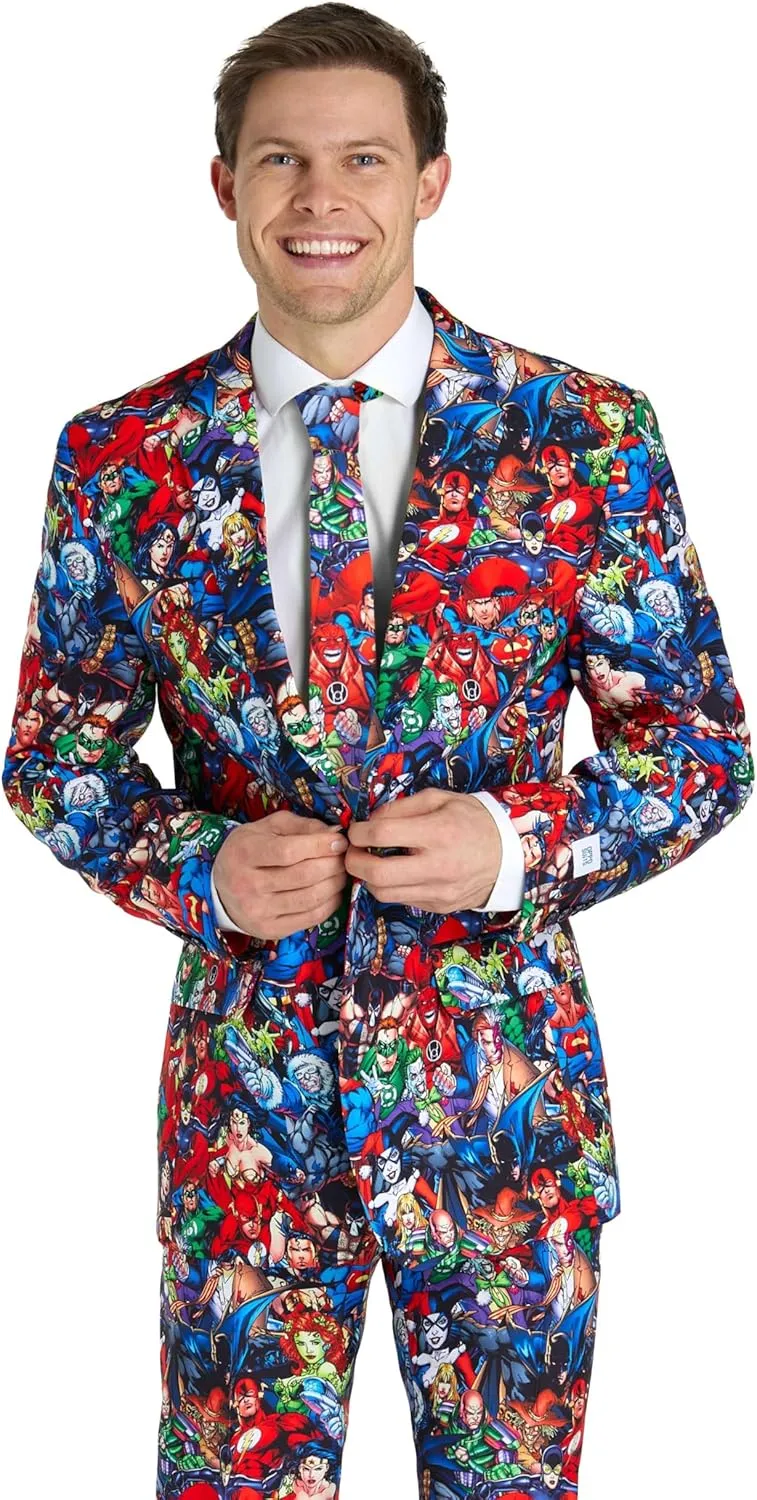 Opposuits Men's DC Comics Heroes Suit - Batman, Wonder Woman, Superman Party Outfit - Including Blazer, Pants and Tie