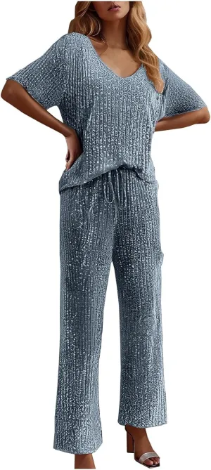 Pajama Sets for Women Ribbed Knit Lounge Set Jogger Pants Short Sleeve V Neck Sleepwear 2 Piece Outfits with Pockets