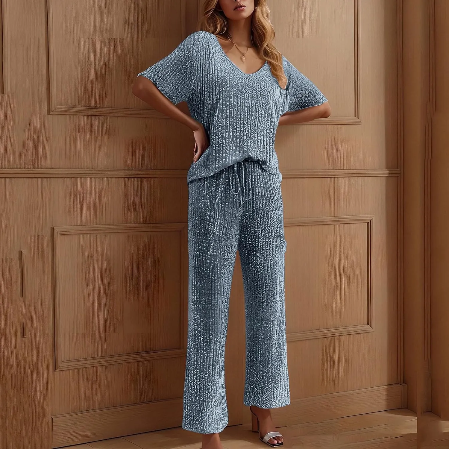 Pajama Sets for Women Ribbed Knit Lounge Set Jogger Pants Short Sleeve V Neck Sleepwear 2 Piece Outfits with Pockets