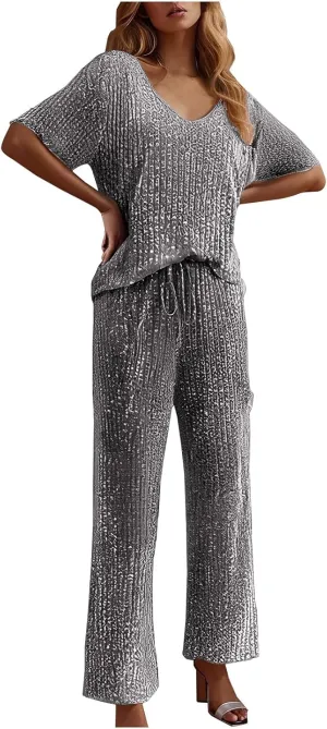 Pajama Sets for Women Ribbed Knit Lounge Set Jogger Pants Short Sleeve V Neck Sleepwear 2 Piece Outfits with Pockets