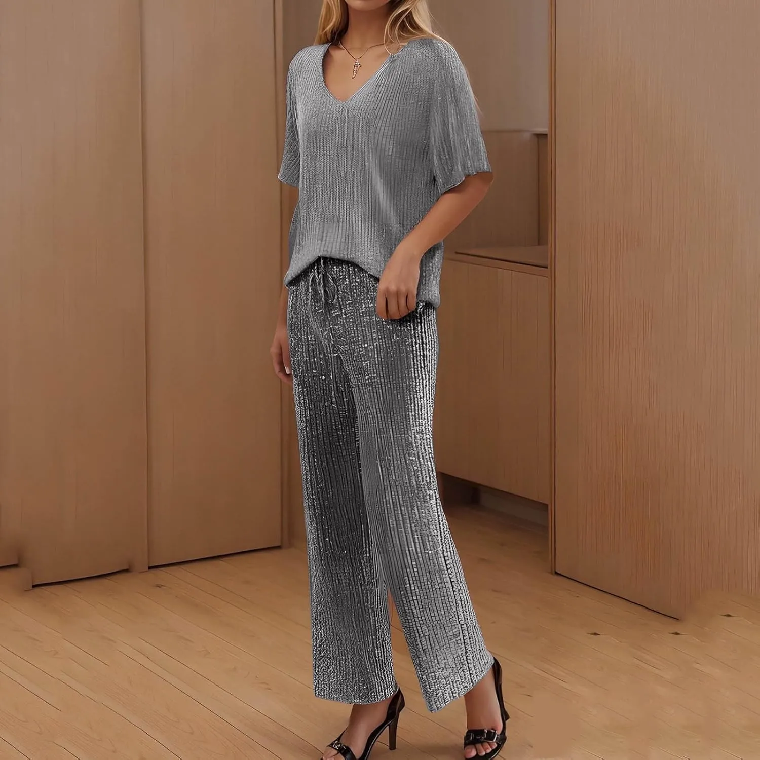 Pajama Sets for Women Ribbed Knit Lounge Set Jogger Pants Short Sleeve V Neck Sleepwear 2 Piece Outfits with Pockets